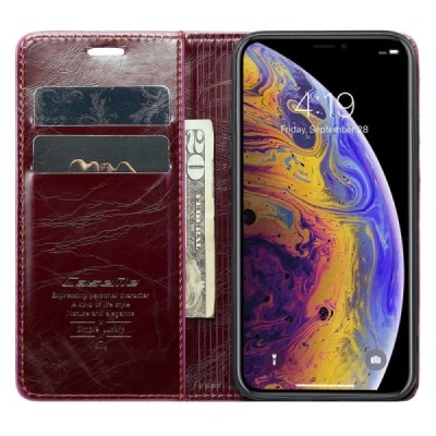 Apple iPhone X (iPhone Xs) „CaseMe“ Leather solidus atverčiamas bordo odinis dėklas - knygutė | Priedai.lt