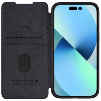 Prabangus „Nillkin“ Qin Pro serijos juodas odinis atverčiamas Apple iPhone 15 dėklas | Priedai.lt