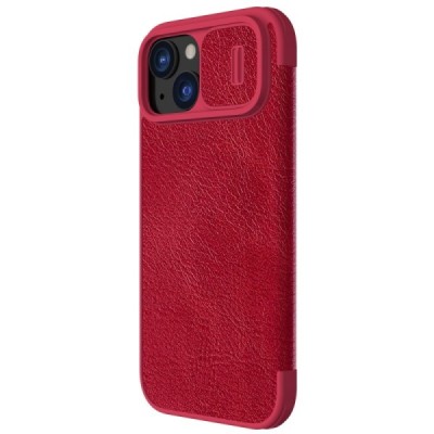 Prabangus „Nillkin“ Qin Pro serijos raudonas odinis atverčiamas Apple iPhone 15 dėklas | Priedai.lt