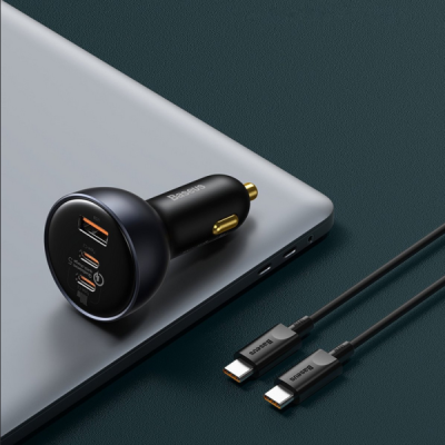 „Baseus“ Multi-Port Fast Charge automobilinis įkroviklis (160W) - juodas + Type-C laidas | Priedai.LT