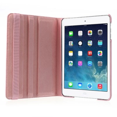 Apple iPad Mini 1 / 2 / 3 atverčiamas, sukiojamas 360 laipsnių, rožinis odinis dėklas - stovas / Priedai.lt