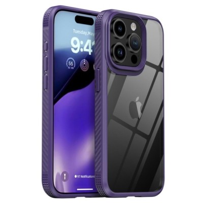 Apple iPhone 15 Pro „IPAKY“ Fiber silikoninis skaidrus permatomas dėklas su violetiniu rėmeliu | Priedai.lt