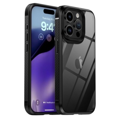 Apple iPhone 15 Pro Max „IPAKY“ Fiber silikoninis skaidrus permatomas dėklas su juodu rėmeliu | Priedai.lt