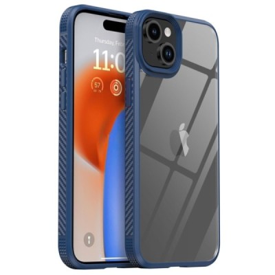 Apple iPhone 15 Plus „IPAKY“ Fiber silikoninis skaidrus permatomas dėklas su tamsiai mėlynu rėmeliu | Priedai.lt