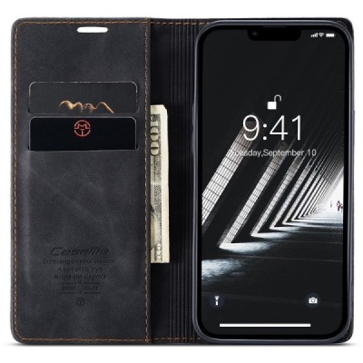 Apple iPhone 15 CaseMe Retro solidus atverčiamas juodas odinis dėklas - knygutė | Priedai.lt