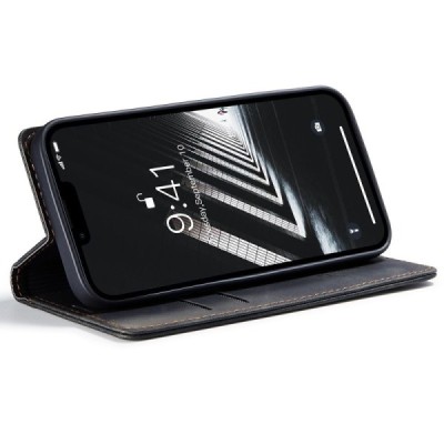 Apple iPhone 15 Pro Max CaseMe Retro solidus atverčiamas juodas odinis dėklas - knygutė | Priedai.lt