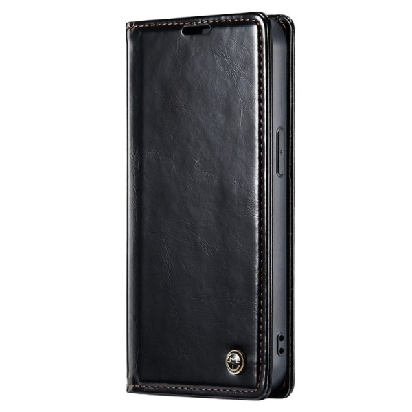 „CaseMe“ Leather solidus atverčiamas dėklas - juodas (iPhone 15)