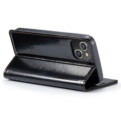 Apple iPhone 15 Plus „CaseMe“ Leather solidus atverčiamas juodas odinis dėklas - knygutė | Priedai.lt