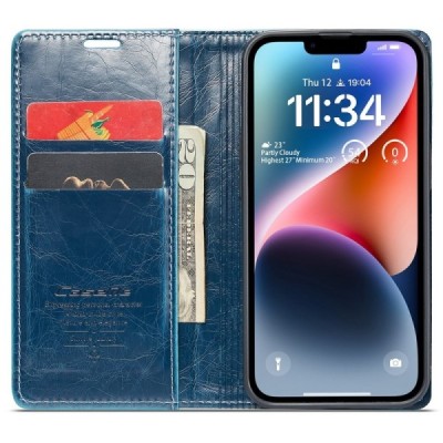 Apple iPhone 15 Plus „CaseMe“ Leather solidus atverčiamas mėlynas odinis dėklas - knygutė | Priedai.lt