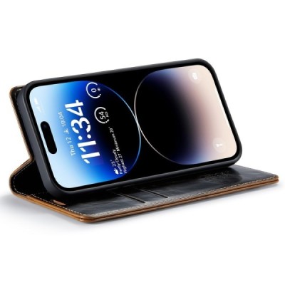 Apple iPhone 15 Pro „CaseMe“ Leather solidus atverčiamas rudas odinis dėklas - knygutė | Priedai.lt