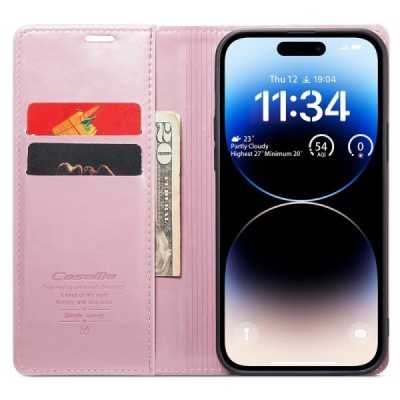 Apple iPhone 15 Pro „CaseMe“ Leather solidus atverčiamas rožinis odinis dėklas - knygutė | Priedai.lt