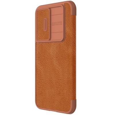 Prabangus „Nillkin“ Qin Pro serijos rudas odinis atverčiamas Samsung Galaxy S23 FE (Fan Edition) dėklas | Priedai.lt