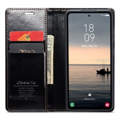 Samsung Galaxy S23 FE (Fan Edition) „CaseMe“ Leather solidus atverčiamas juodas odinis dėklas - knygutė | Priedai.lt