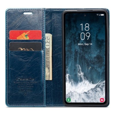 Samsung Galaxy S23 FE (Fan Edition) „CaseMe“ Leather solidus atverčiamas mėlynas odinis dėklas - knygutė | Priedai.lt
