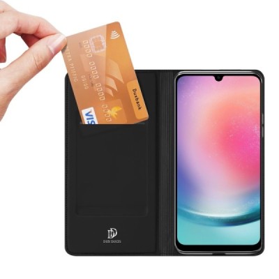 „Dux Ducis“ Skin serijos Samsung Galaxy A25 (SM-A256) juodas odinis atverčiamas dėklas | Priedai.lt