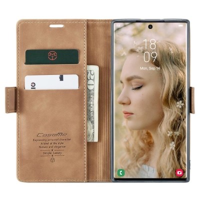 Samsung Galaxy S24 Ultra (SM-S928) CaseMe Retro solidus atverčiamas šviesiai rudas odinis dėklas - knygutė | Priedai.lt