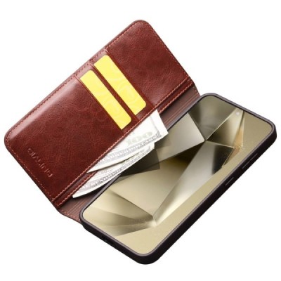 Samsung Galaxy S24 (SM-S921) „QIALINO“ flip-up brown leather case - booklet | Priedai.lt
