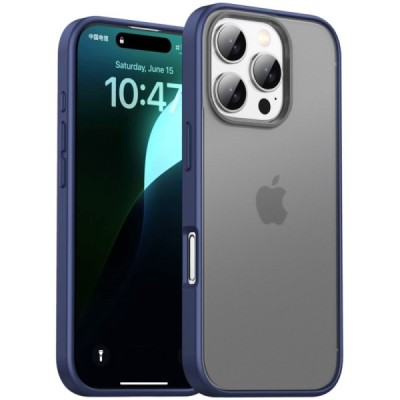 Apple iPhone 16 Pro "IPAKY" Matt silicone clear transparent case with blue frame | Priedai.lt