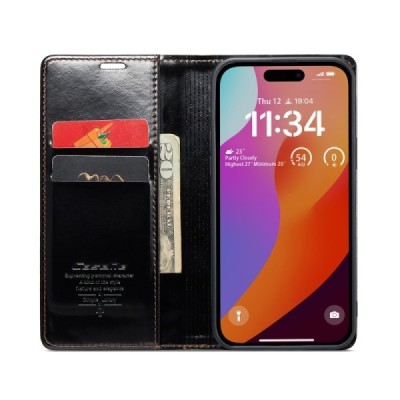 Apple iPhone 16 CaseMe Leather Solid Flip Case Book - Black | Priedai.lt
