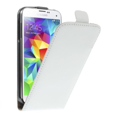 Samsung Galaxy S5 mini G800 klasikinis vertikaliai atverčiamas baltas odinis dėklas / Priedai.lt