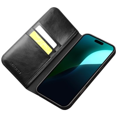 Apple iPhone 16 "QIALINO" flip-up leather case cover - black | Priedai.lt