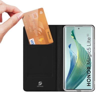 „Dux Ducis“ Skin serijos Huawei Honor Magic 5 Lite (Honor X40, Honor X9a) juodas odinis atverčiamas dėklas | Priedai.lt