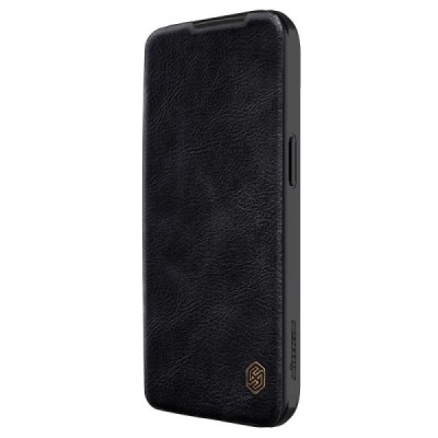 Prabangus „Nillkin“ Qin Pro serijos juodas odinis atverčiamas Apple iPhone 15 dėklas | Priedai.lt