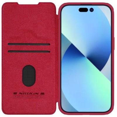 Prabangus „Nillkin“ Qin Pro serijos raudonas odinis atverčiamas Apple iPhone 15 dėklas | Priedai.lt