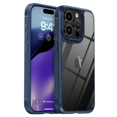 Apple iPhone 15 Pro Max „IPAKY“ Fiber silikoninis skaidrus permatomas dėklas su tamsiai mėlynu rėmeliu | Priedai.lt