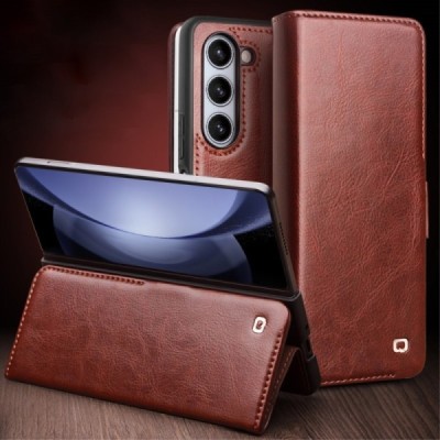 Samsung Galaxy Fold5 5G (SM-F946B) „QIALINO“ atverčiamas tamsiai rudas odinis dėklas - knygutė | Priedai.lt