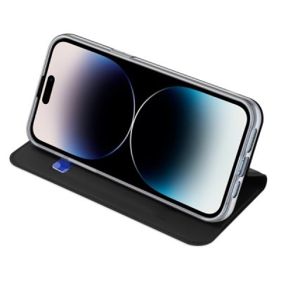 „Dux Ducis“ Skin serijos Apple iPhone 15 Pro juodas odinis atverčiamas dėklas | Priedai.lt