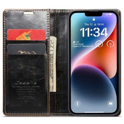Apple iPhone 15 Plus „CaseMe“ Leather solidus atverčiamas rudas odinis dėklas - knygutė | Priedai.lt