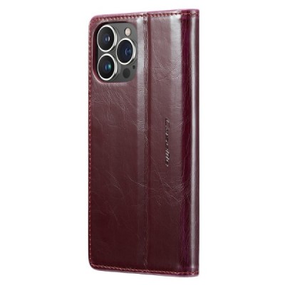 Apple iPhone 15 Pro „CaseMe“ Leather solidus atverčiamas bordo odinis dėklas - knygutė | Priedai.lt