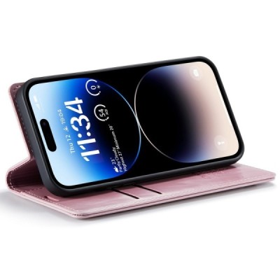 Apple iPhone 15 Pro „CaseMe“ Leather solidus atverčiamas rožinis odinis dėklas - knygutė | Priedai.lt