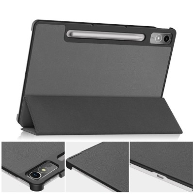 Lenovo Tab P12 12.7" atverčiamas pilkas odinis dėklas - knygutė (sulankstomas) | Priedai.lt