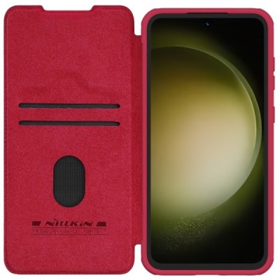 Prabangus „Nillkin“ Qin Pro serijos raudonas odinis atverčiamas Samsung Galaxy S23 FE (Fan Edition) dėklas | Priedai.lt
