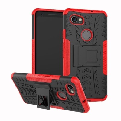 Sustiprintos apsaugos „Kickstand“ Google Pixel 2 XL juodos ir raudonos spalvos kieto silikono (TPU) ir plastiko dėklas | Priedai