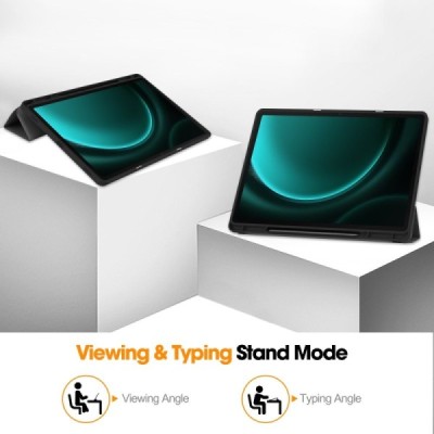Samsung Galaxy Tab S10+, S9+, S9 FE+ flip black leather case - book with stylus slot | Priedai.lt