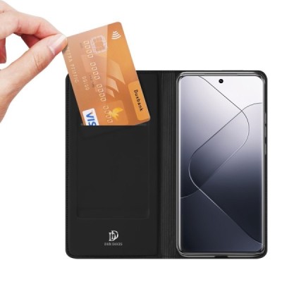 „Dux Ducis“ Skin serijos Xiaomi 14 Pro juodas odinis atverčiamas dėklas | Priedai.lt