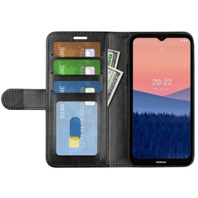 Nokia C21 flip-up black leather case - wallet | Priedai.lt