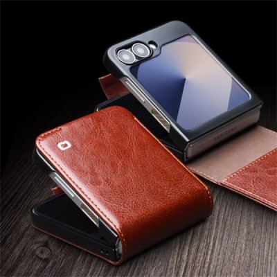 Samsung Galaxy Flip7 FE / Flip6 "QIALINO" flip-up leather case cover - brown | Priedai.lt