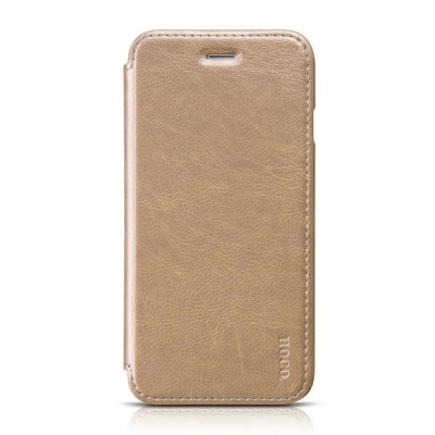Prabangus „HOCO“ Crystal Classic serijos odinis atverčiamas auksinis Apple iPhone 6 (6s) dėklas / Priedai.lt