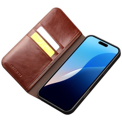 Apple iPhone 16 Pro "QIALINO" flip-up leather case cover - brown | Priedai.lt