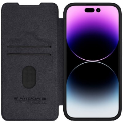 Prabangus „Nillkin“ Qin Pro serijos juodas odinis atverčiamas Apple iPhone 15 Pro dėklas | Priedai.lt