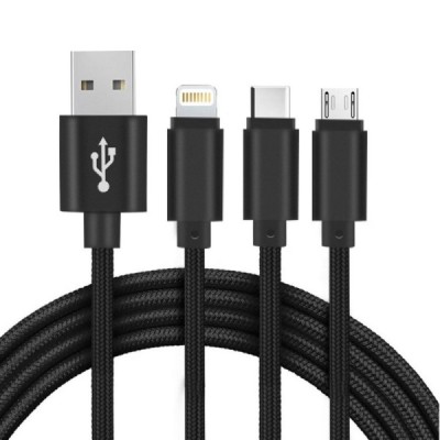 „Setty“ 3-in-1 micro USB + Type-C + Lightning laidas - juodas (1.2 m. / 2A) | Priedai.lt
