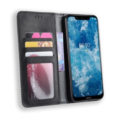 Nokia 8.1 (2018) ir Nokia X7 Vintage juodas odinis atverčiamas dėklas - knygutė su magnetu | Priedai.lt