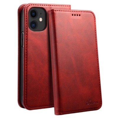 Suteni atverčiamas raudonas odinis Apple iPhone 12 Mini dėklas - knygutė | Priedai.lt