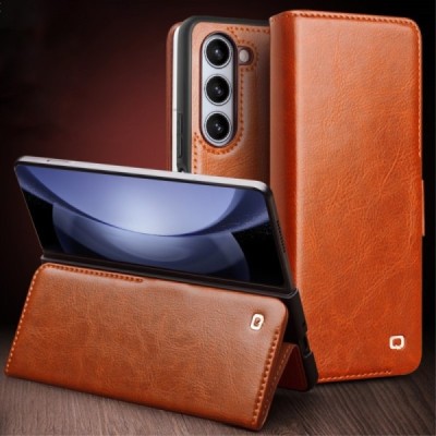 Samsung Galaxy Fold5 5G (SM-F946B) „QIALINO“ atverčiamas šviesiai rudas odinis dėklas - knygutė | Priedai.lt