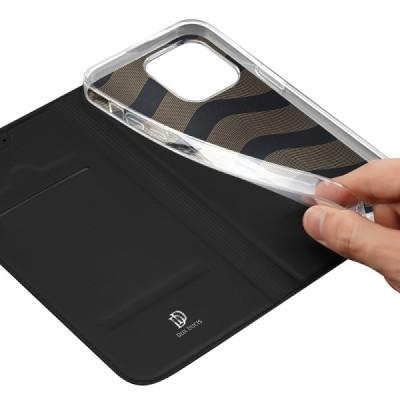 „Dux Ducis“ Skin serijos Apple iPhone 15 Pro Max juodas odinis atverčiamas dėklas | Priedai.lt