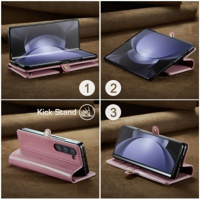 Samsung Galaxy Fold5 5G (SM-F946B) „CaseMe“ Leather solidus atverčiamas rožinis odinis dėklas - knygutė | Priedai.lt